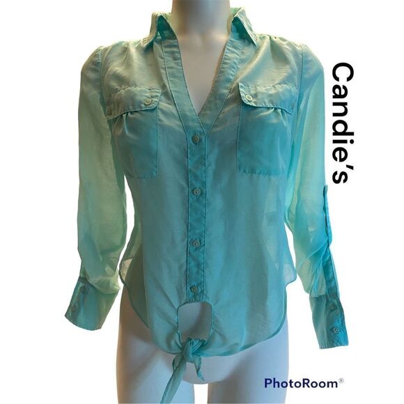 Candie’s SZ XS Woman’s Sheer Lace Button Down Tie Knot Blouse - Picture 1 of 10